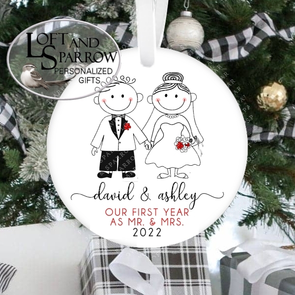 Bride Groom Personalized Christmas Ornament Stick Figures