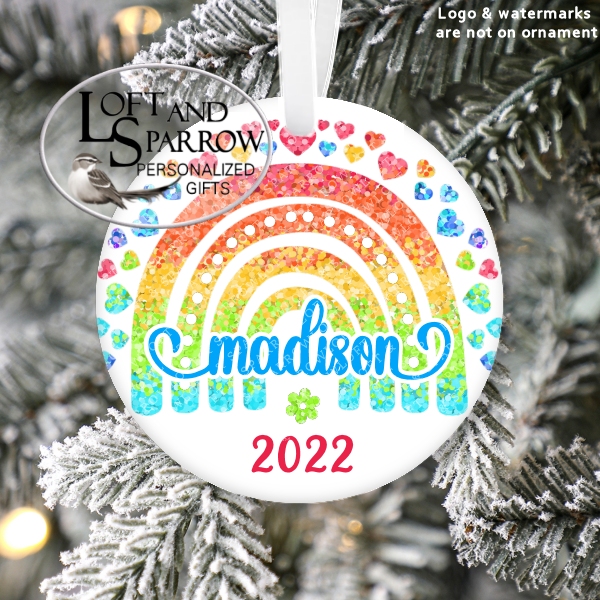 Rainbow Hearts Girls Personalized Christmas Ornament