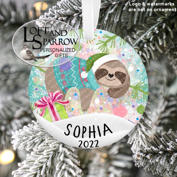 Adorable Sloth Personalized Christmas Ornament