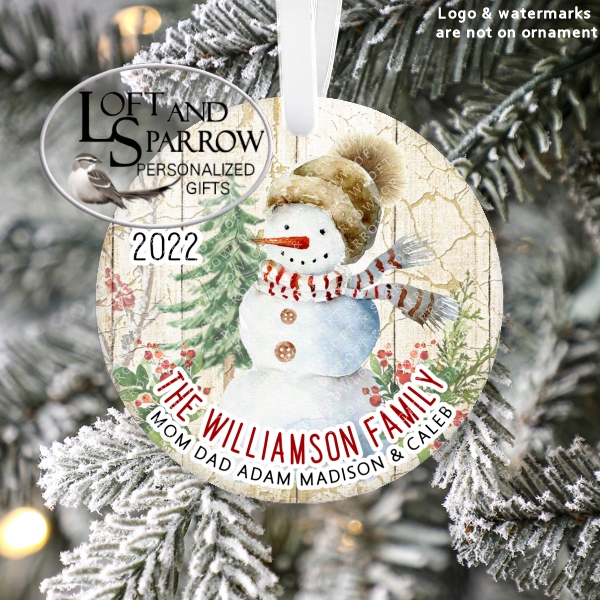 Woodland Snowman Personalized Family Christmas Ornament