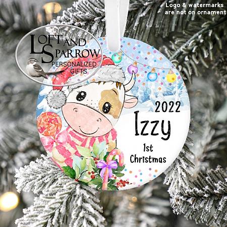 Adorable Baby Cow Personalized Christmas Ornament-Ornament for kids grandchildren Babys first christmas keepsake ornament Personalized Christmas Ornament LoftAndSparrow Etsy Shop Loft And Sparrow First Christmas Babys First Custom Family First Christmas Gift Keepsake Ornament For Kids Grandchildren Custom Stocking Stuffer New Home New Baby Couple Last Minute Gift Office Gift Grab Bag Ugly Sweater Gift Exchange Loft Watercolor Home Portrait Ornament