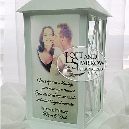 Lantern Personalized Keepsake White Memorial Lantern-Photo Lantern, with Photos, Memorial Lantern, Sympathy Gift, Lantern with Candle, Funeral Flowers, Personalized, Custom, Candle Lantern, Celebration of Life, Loss of husband, wife, mother, father, child, sister, brother, friend, dog, pet, Condolence Card for Funeral, Memorial Service, in Loving Memory, Gifts for The Grieving, Bereavement Gift, in loving Memory, Bereavement Gift Remembrance Lantern, Flickering LED Candle, Thoughtful, Keepsake, Christmas Gift, Mothers Day Gift, Fathers Day Gift, Cemetery Lantern, 
