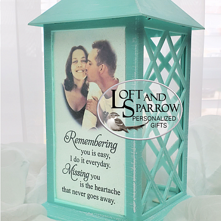 Lantern Personalized Keepsake Solar Aqua Memorial Lantern-Photo Lantern, with Photos, Memorial Lantern, Sympathy Gift, Lantern with Candle, Funeral Flowers, Personalized, Custom, Candle Lantern, Celebration of Life, Loss of husband, wife, mother, father, child, sister, brother, friend, dog, pet, Condolence Card for Funeral, Memorial Service, in Loving Memory, Gifts for The Grieving, Bereavement Gift, in loving Memory, Bereavement Gift Remembrance Lantern, Flickering LED Candle, Thoughtful, Keepsake, Christmas Gift, Mothers Day Gift, Fathers Day Gift, Cemetery Lantern, 
