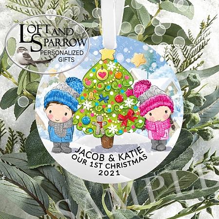 Boy And Girl Personalized Christmas Ornament-Personalized Couple Christmas Ornament Brother Sister LoftAndSparrow Family Etsy.com Etsy Shop Loft And Sparrow Family First Christmas Gift Keepsake Ornament For Kids Grandchildren Custom Stocking Stuffer New Home New Baby Couple Last Minute Gift Office Gift Grab Bag Ugly Sweater Gift Exchange Loft Watercolor Home Portrait Ornament Wedding Honeymoon Birthday Gift
