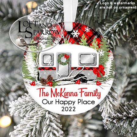 Camper Christmas Ornament Personalized-Personalized Christmas Ornament camper RV Buffalo Plaid Family  Farm Barn Stables Wood Rustic Farmhouse Barn Forest Woods Cabin Country Primitive Porcelain Custom LoftAndSparrow Loft And Sparrow Ornaments