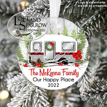 Camper Christmas Ornament Personalized-Personalized Christmas Ornament camper RV Buffalo Plaid Family  Farm Barn Stables Wood Rustic Farmhouse Barn Forest Woods Cabin Country Primitive Porcelain Custom LoftAndSparrow Loft And Sparrow Ornaments