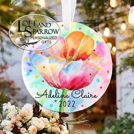 Tulip Splash Personalized Christmas Ornament-Personalized Christmas Ornament LoftAndSparrow Flower Floral Family Etsy.com Etsy Shop Loft And Sparrow Family First Christmas Gift Keepsake Ornament For Kids Grandchildren Custom Stocking Stuffer New Home New Baby Couple Last Minute Gift Office Gift Grab Bag Ugly Sweater Gift Exchange Loft Watercolor Home Portrait Ornament Wedding Honeymoon Birthday Gift