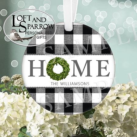 Black And White Check Home Personalized Ornament-Personalized Christmas Ornament Farmhouse Barn Country Checkered Buffalo Check Black White Gingham Seersucker LoftAndSparrow Family Etsy.com Etsy Shop Loft And Sparrow Family First Christmas Gift Keepsake Ornament For Kids Grandchildren Custom Stocking Stuffer New Home New Baby Couple Last Minute Gift Office Gift Grab Bag Ugly Sweater Gift Exchange Loft Watercolor Home Portrait Ornament Wedding Honeymoon Birthday Gift