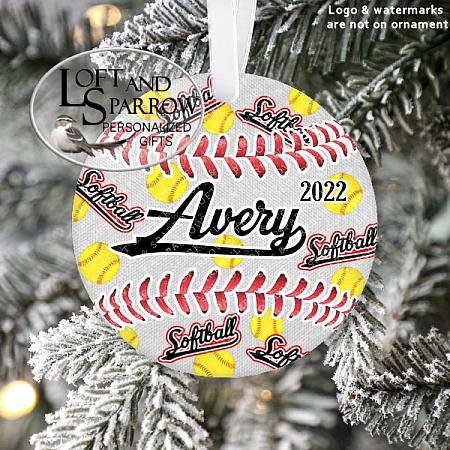 Softball Personalized Christmas Ornament-Softball Personalized Christmas Ornament LoftAndSparrow Family Etsy.com Etsy Shop Loft And Sparrow Family First Christmas Gift Keepsake Ornament For Kids Grandchildren Custom Stocking Stuffer New Home New Baby Couple Last Minute Gift Office Gift Grab Bag Ugly Sweater Gift Exchange Loft Watercolor Home Portrait Ornament Wedding Honeymoon Birthday Gift
