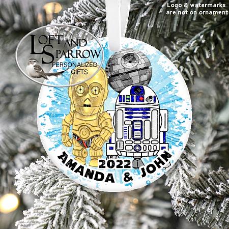Star Wars R2D2 C3PO Christmas Ornament Personalized-Star Wars Couple Ornament Personalized c3po r2d2 Christmas Ornament LoftAndSparrow Etsy Shop Loft And Sparrow Family First Christmas Gift Keepsake Ornament For Kids Grandchildren Custom Stocking Stuffer New Home New Baby Couple Last Minute Gift Office Gift Grab Bag Ugly Sweater Gift Exchange Loft Watercolor Home Portrait Ornament Wedding Honeymoon Birthday Gift