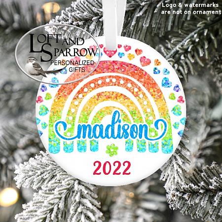 Rainbow Hearts Girls Personalized Christmas Ornament-Rainbow Hearts Girls Personalized Christmas Ornament LoftAndSparrow Etsy Shop Loft And Sparrow Family First Christmas Gift Keepsake Ornament For Kids Grandchildren Custom Stocking Stuffer New Home New Baby Couple Last Minute Gift Office Gift Grab Bag Ugly Sweater Gift Exchange Loft Watercolor Home Portrait Ornament Wedding Honeymoon Birthday Gift